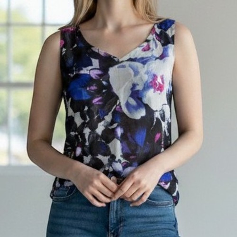 INC International Concepts Womens Blue Pink Floral Mesh V-Neck Cut-Out Top L